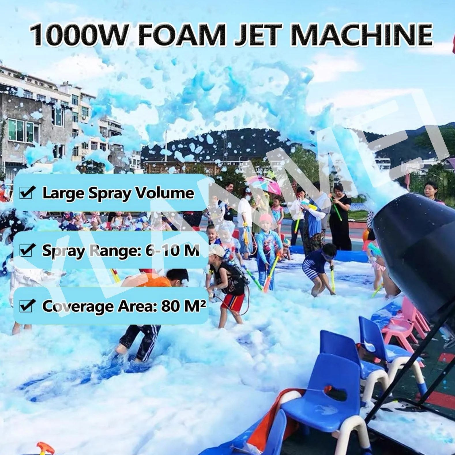 1000W Party-Schaummaschine für den Außenbereich, Schaumkanone, Entfernung 6-10M/Fläche 80M, Einstellbarer Winkel, Bühneneffekt, für Kinderfeste und Geburtstage