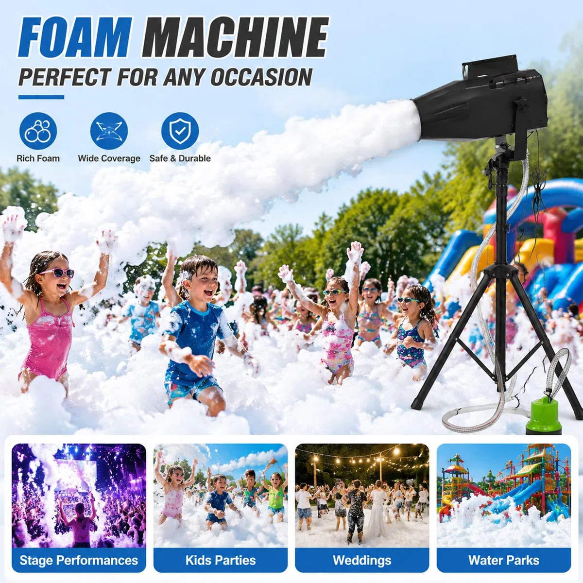 1000W Bühneneffekt Jet Schaummaschine mit Stativ & Tauchpumpe, Schneller Schaumausstoß in 20S, Bis 80m² Abdeckung, Schaumkanone für Sommer Poolspaß, Gartenparty & Club-Bühne