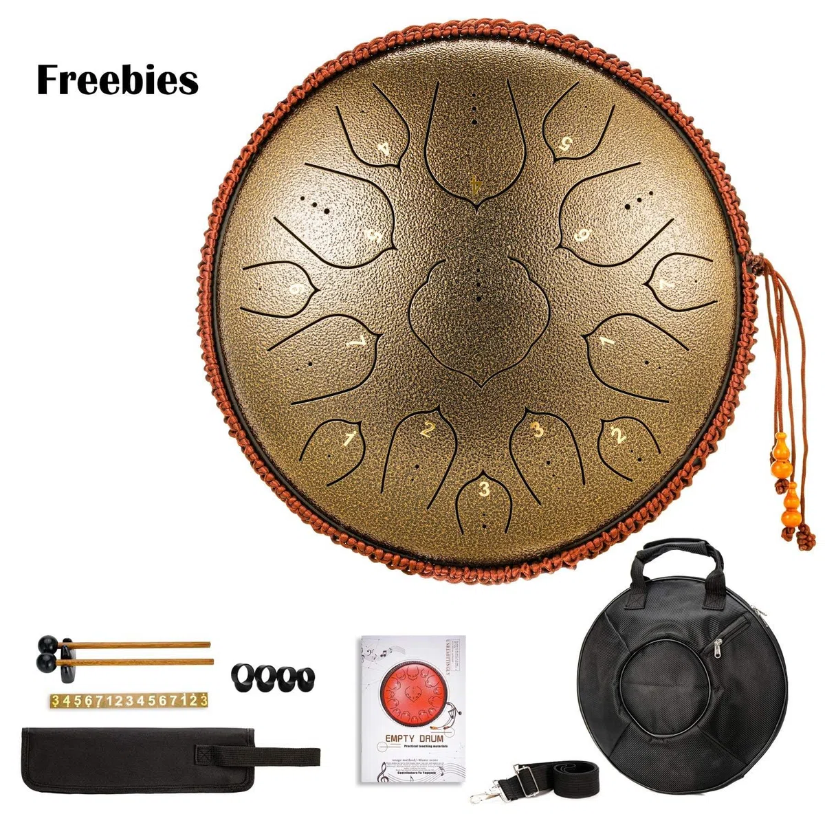Stahlzungentrommel 14 Zoll 15-Ton-Schlaginstrument Handpan-Trommel Mit Trommelstöcken/Fingerauflagen/Notenblatt/Tragetasche, Geschenke for Anfänger Und Yoga-Liebhaber