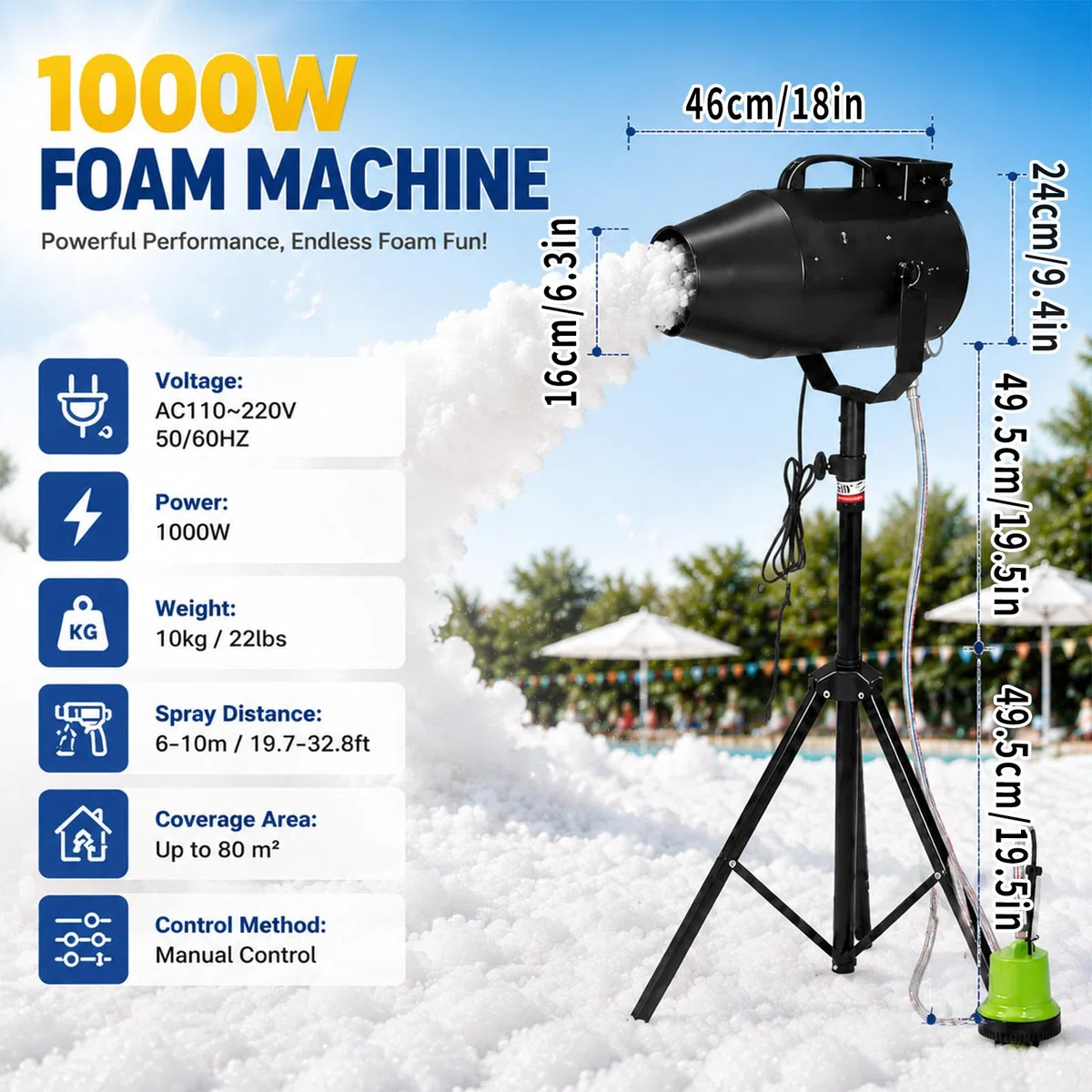 1000W Bühneneffekt Jet Schaummaschine mit Stativ & Tauchpumpe, Schneller Schaumausstoß in 20S, Bis 80m² Abdeckung, Schaumkanone für Sommer Poolspaß, Gartenparty & Club-Bühne