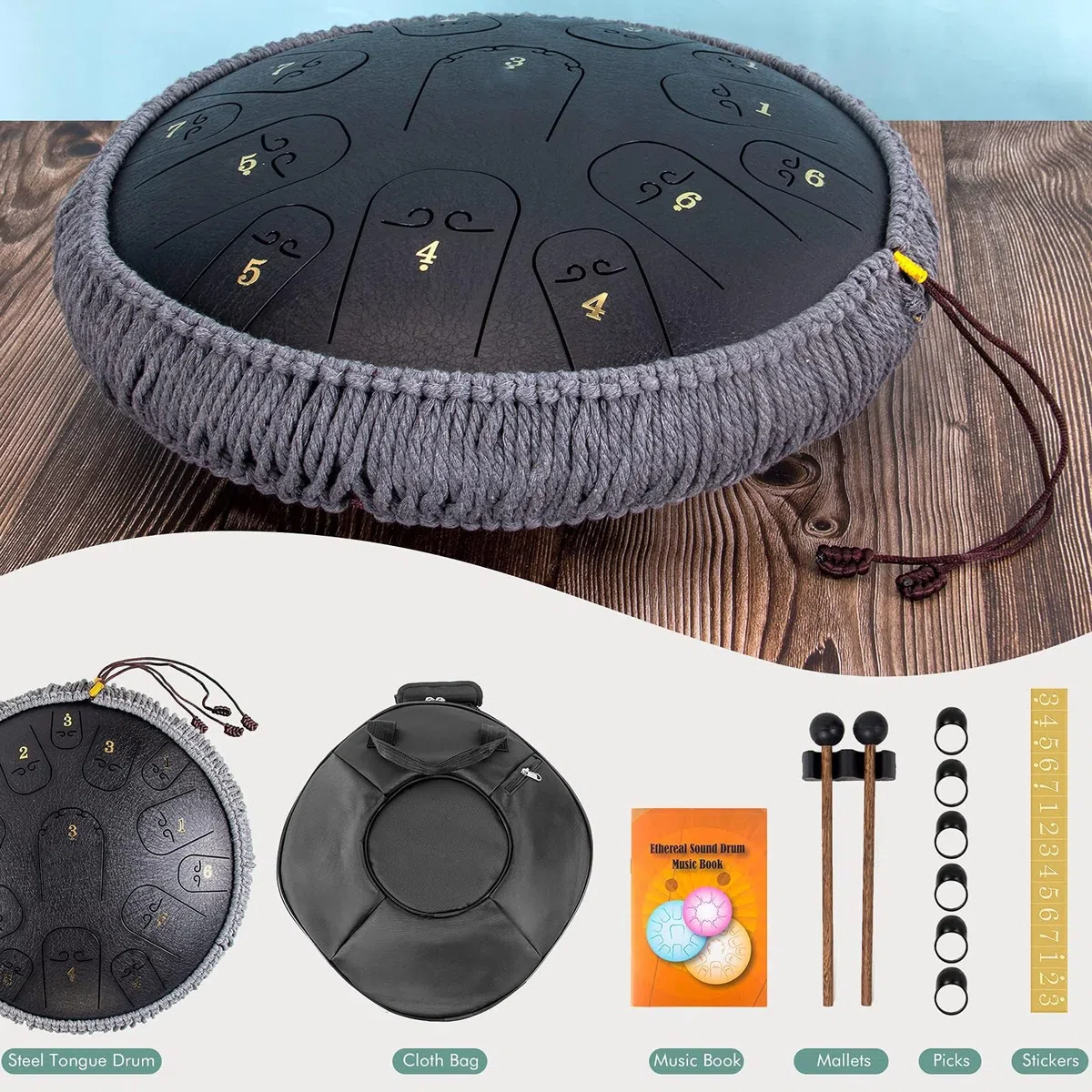 Zungentrommel Aus Legiertem Stahl, 14 Zoll 15-Noten-C-Key-Percussion-Stahltrommel-Kit Mit Drumstick-Notenaufklebern, Fingerpick-Schlägerhalter Und Gigbag