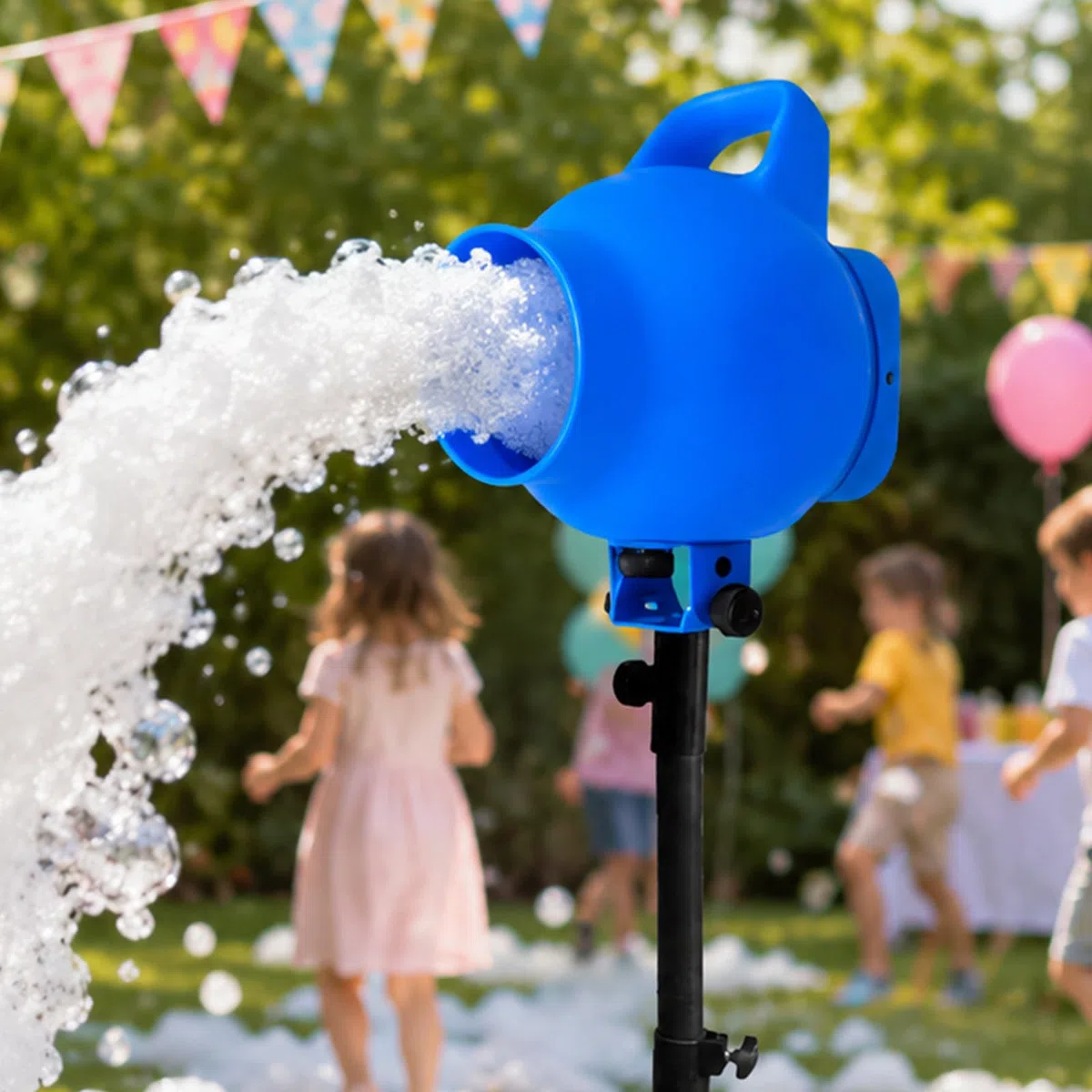 Party-Schaummaschine 150 W, Schaumgenerator Mit 3–5 M Reichweite, Stativ 100–130 cm, 1000-L/H-Wasserpumpe Und Steuerbox Für Camps, Pools, Geburtstage Und Karneval, Spaß Blue