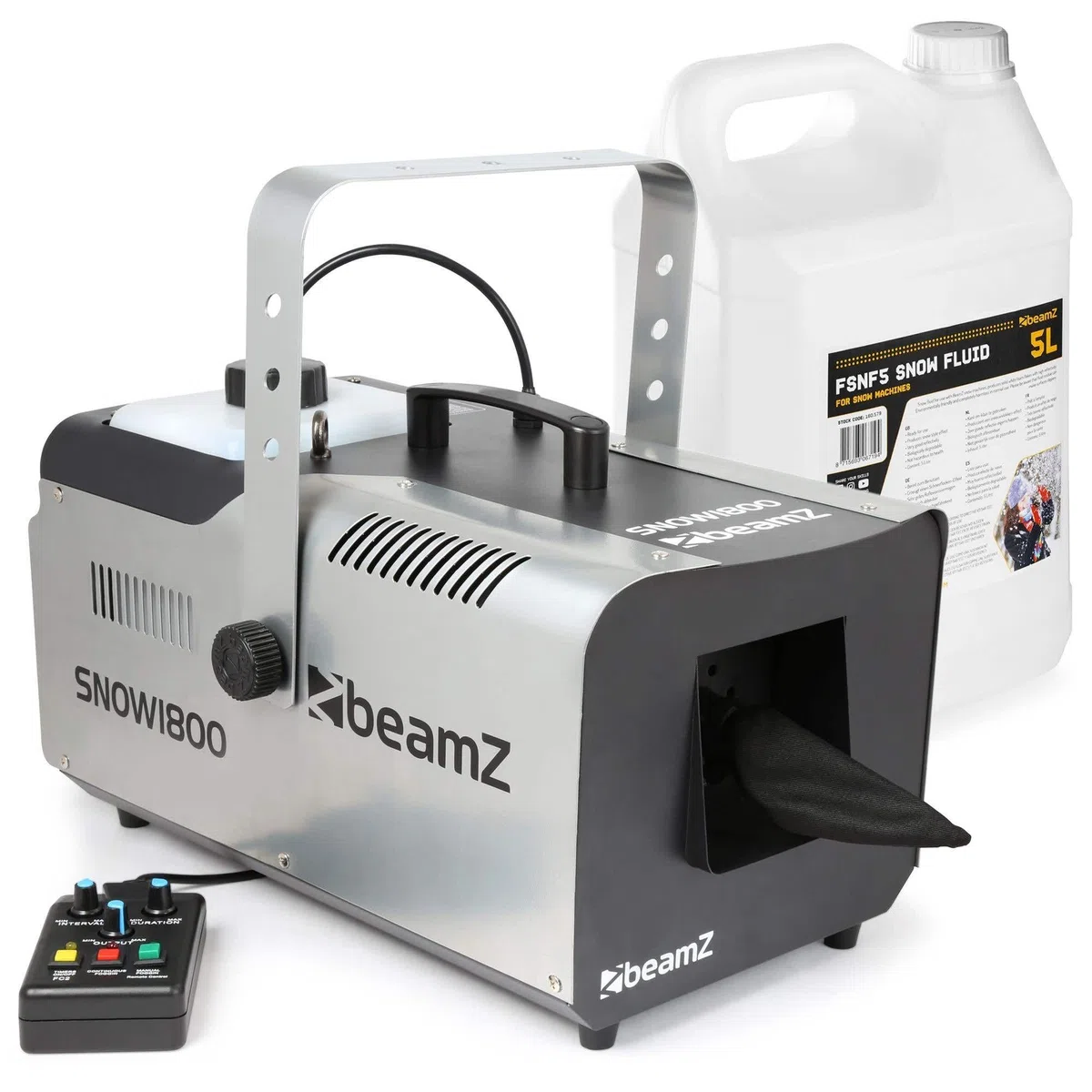 BeamZ SNOW1800 Schneemaschine mit 5 Liter Flüssigkeit, 1800 Watt Schnee Maschine mit Fernbedienung, inkl. Schneefluid, Snow Machine, DMX, Timer, Mini Schneekanone Garten, Snow Fall Winter Simulation