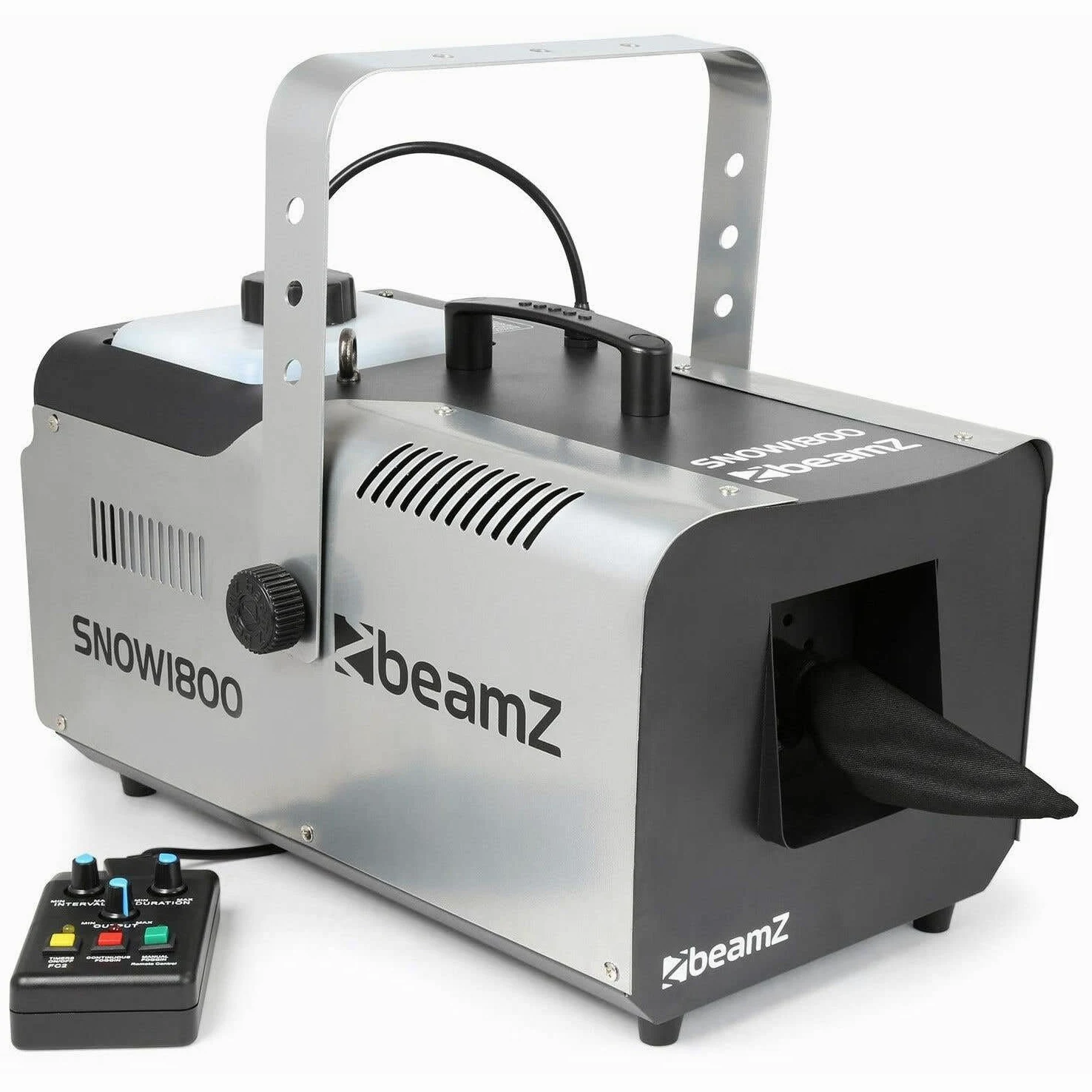 BeamZ SNOW1800 Schneemaschine mit 5 Liter Flüssigkeit, 1800 Watt Schnee Maschine mit Fernbedienung, inkl. Schneefluid, Snow Machine, DMX, Timer, Mini Schneekanone Garten, Snow Fall Winter Simulation