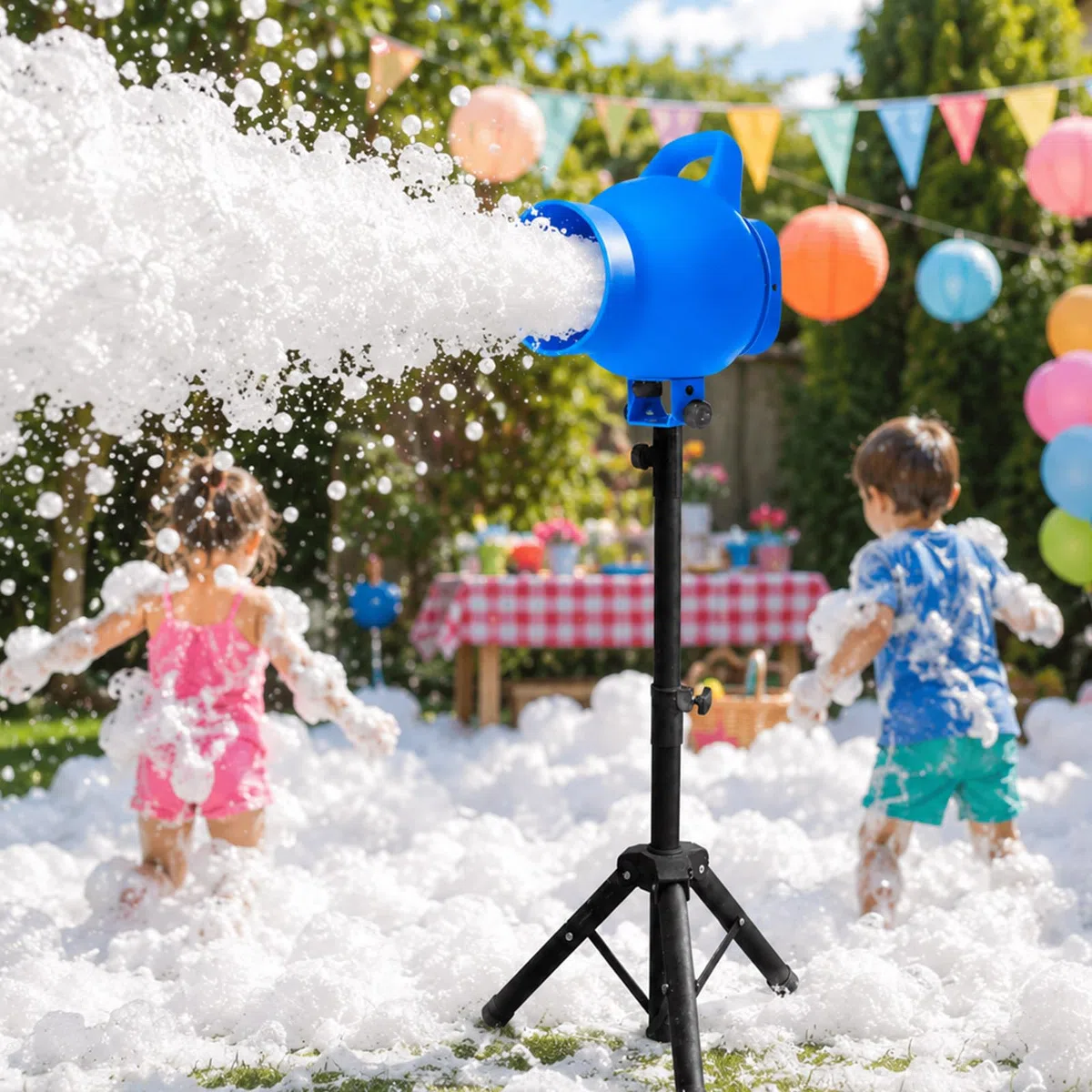 Schaumgebläse Für Partys 150 W, Schaummaschine Mit 3–5 M Reichweite, Verstellbarem Stativ, 1000-L/H-Wasserpumpe Und Steuerbox Für Garten, Geburtstag Und Schulevents Blue