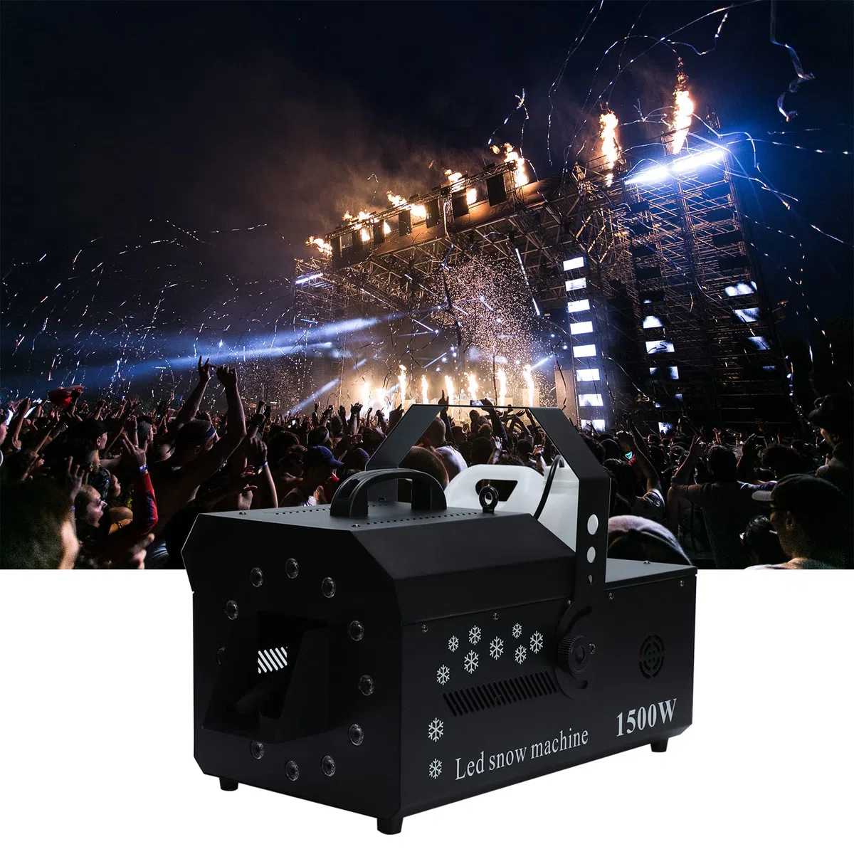 Schneemaschine, 1500W Schnee Maschine mit 12 LED Licht, 5L Wassertank, Schneeflockenmaschine DMX für Partys, Halloween