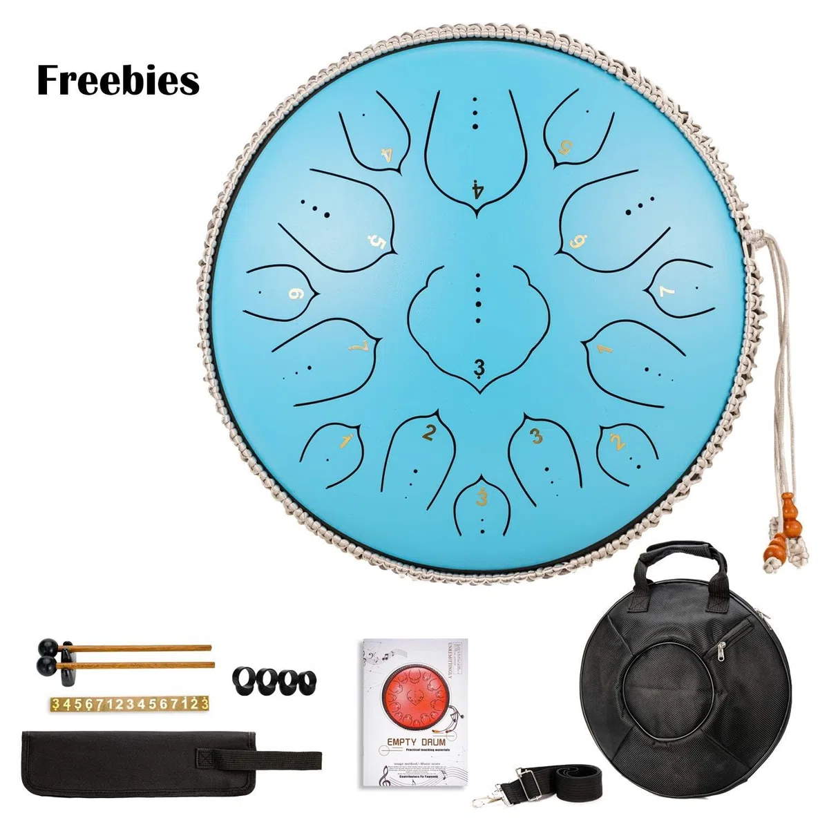14-Zoll-Stahlzungentrommel Mit 15 Tönen, High-Percussion-Instrument Mit Trommelstöcken/Fingerauflagen/Notenblatt/Tragetasche, Geschenke for Anfänger Und Yoga-Liebhaber