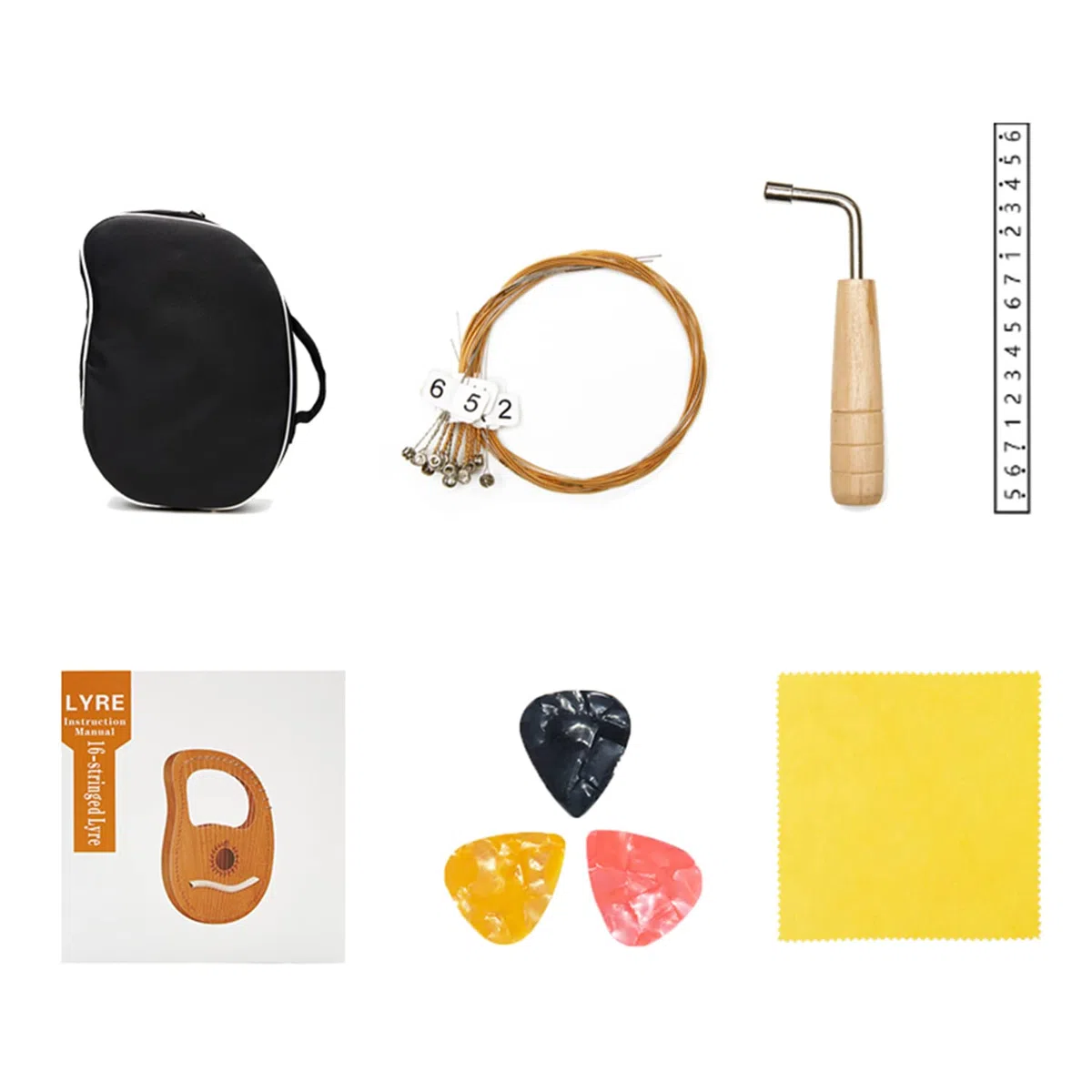 Leierharfe, 24 Metallsaiten, Knochensattel, Stimmschlüssel, Ersatzsaiten, schwarze Tasche, Bedienungsanleitung