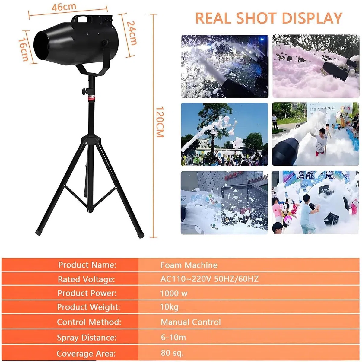 Schaumpartymaschine, 1000 W große Bühnenschaummaschine, einstellbarer Winkel, Bühneneffekt-Jet-Schaummaschine für Partys im Freien, Sommer-Schwimmspass für Kinder, 6–10 m Entfernung/80 m² Fläche
