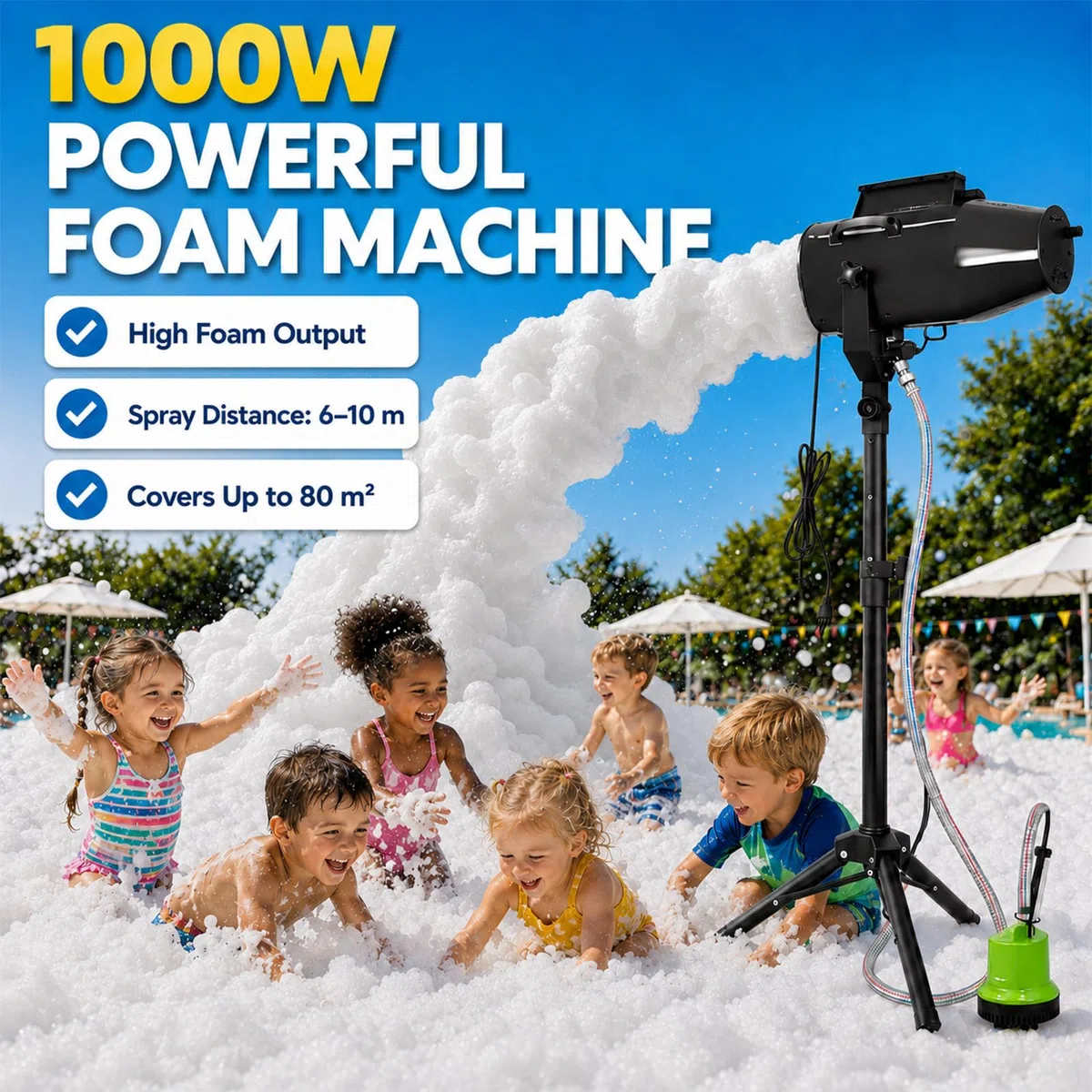 1000W Bühneneffekt Jet Schaummaschine mit Stativ & Tauchpumpe, Schneller Schaumausstoß in 20S, Bis 80m² Abdeckung, Schaumkanone für Sommer Poolspaß, Gartenparty & Club-Bühne
