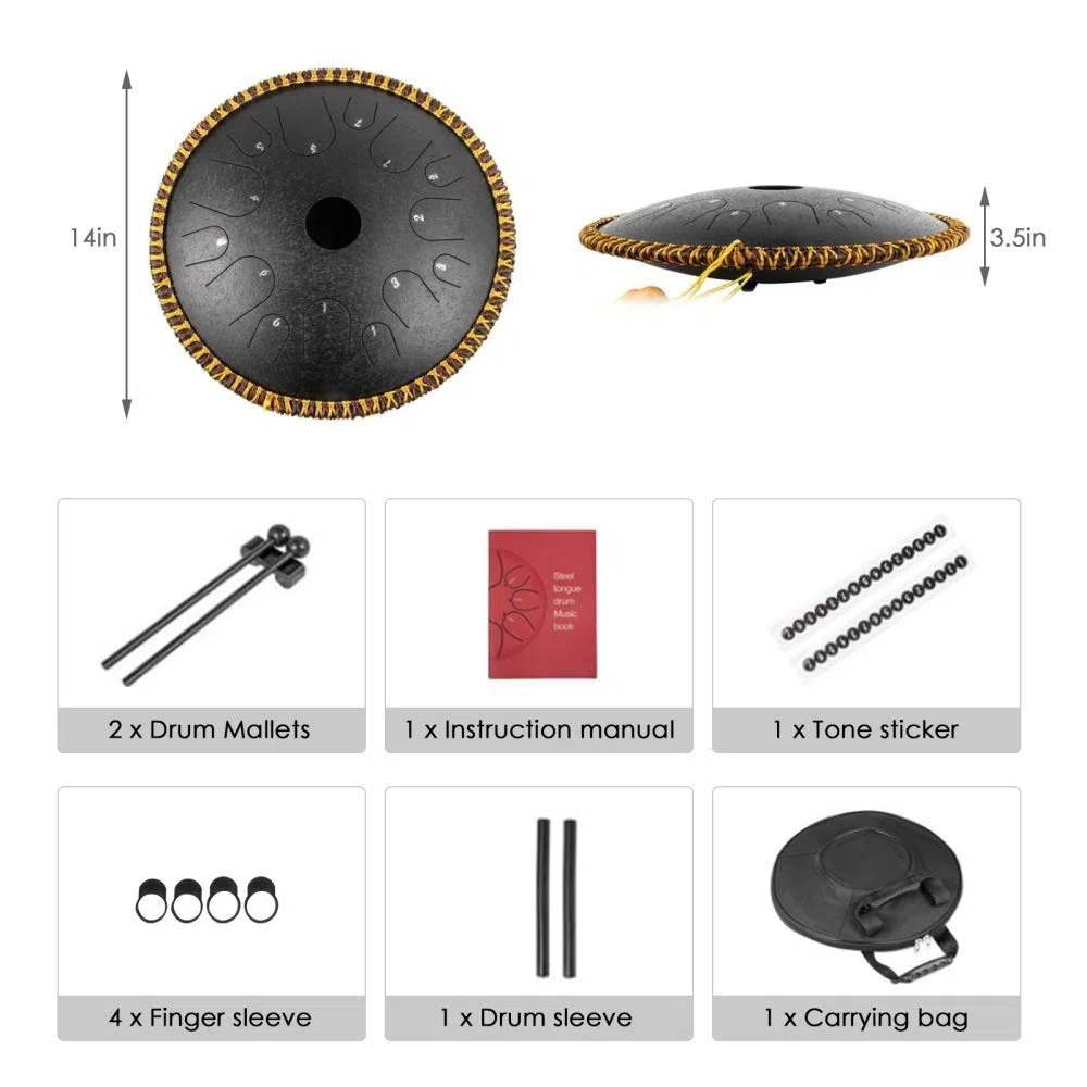 Stahlzunge Trommel 14 Zoll 14 Ton Complete Kit, C-Taste, Perkussionspsychotherapie, Geschenk Für Anfänger Und Yoga-Liebhaber (Obsidian)