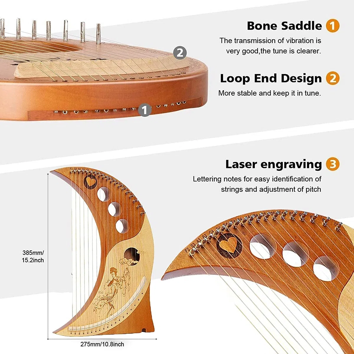 19-saitige Halbmond-Lyraharfe, Mahagoni-Lyraharfe mit zuverlässiger Tasche, Stimmschlüssel und Ersatzsaiten, Instrument für Erwachsene/Kinder