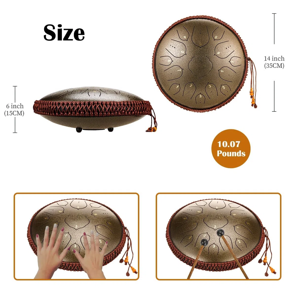 Stahlzungentrommel 14 Zoll 15-Ton-Schlaginstrument Handpan-Trommel Mit Trommelstöcken/Fingerauflagen/Notenblatt/Tragetasche, Geschenke for Anfänger Und Yoga-Liebhaber