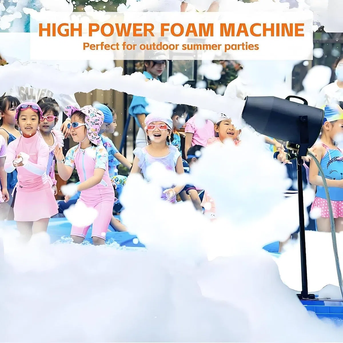 Schaumpartymaschine, 1000 W große Bühnenschaummaschine, einstellbarer Winkel, Bühneneffekt-Jet-Schaummaschine für Partys im Freien, Sommer-Schwimmspass für Kinder, 6–10 m Entfernung/80 m² Fläche