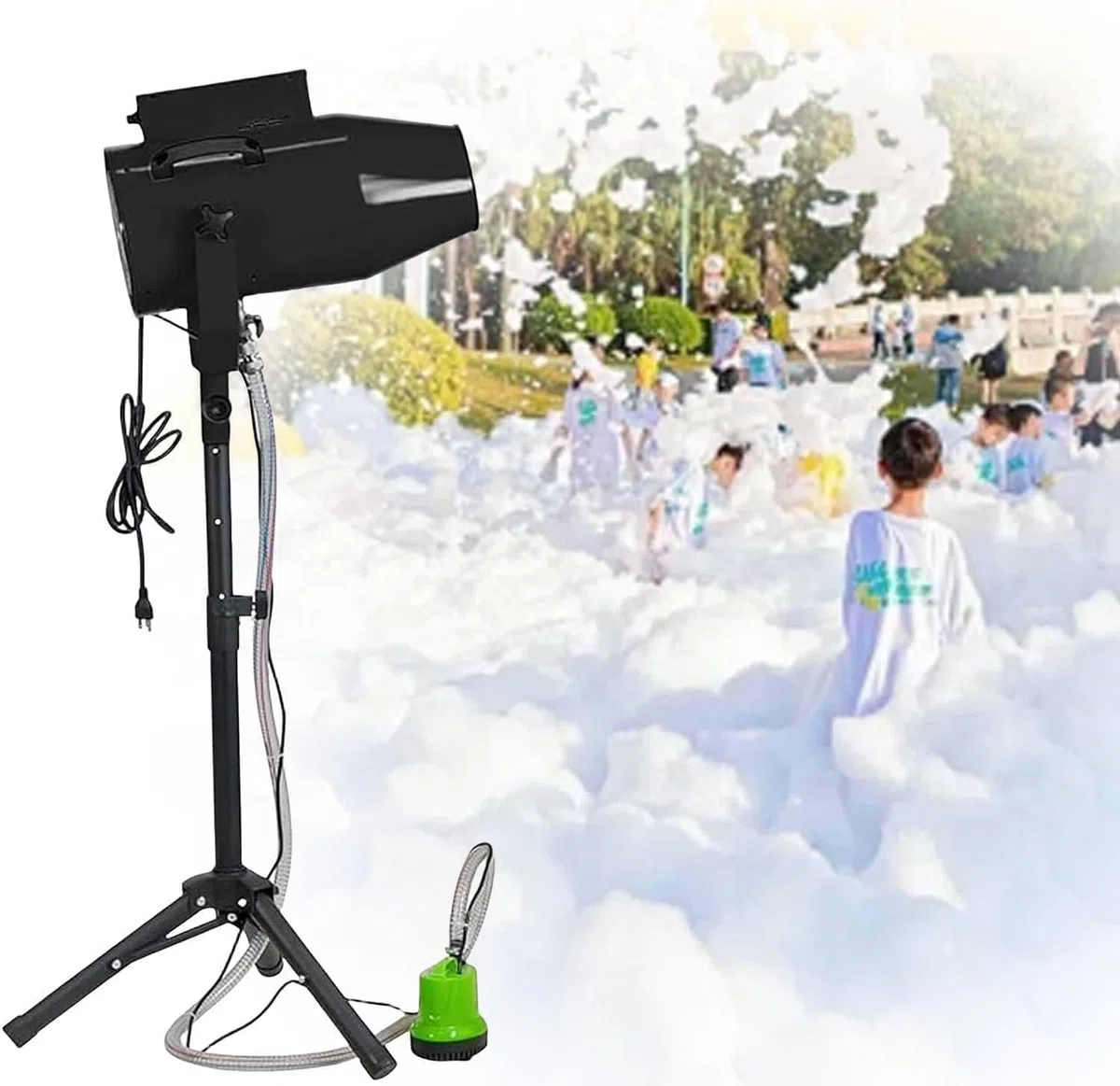 Schaumpartymaschine, 1000 W große Bühnenschaummaschine, einstellbarer Winkel, Bühneneffekt-Jet-Schaummaschine für Partys im Freien, Sommer-Schwimmspass für Kinder, 6–10 m Entfernung/80 m² Fläche