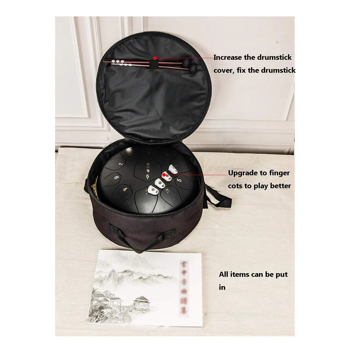 12-Zoll-15-tone-Stahlzunge-Trommel-Percussion-Tamburin Mit Trommelstäbchen, Musikbuch, Aufkleber, Fingerbetten, Aufbewahrungstasche, Für Persönliche Meditation, Yoga, Zen (Color : B)