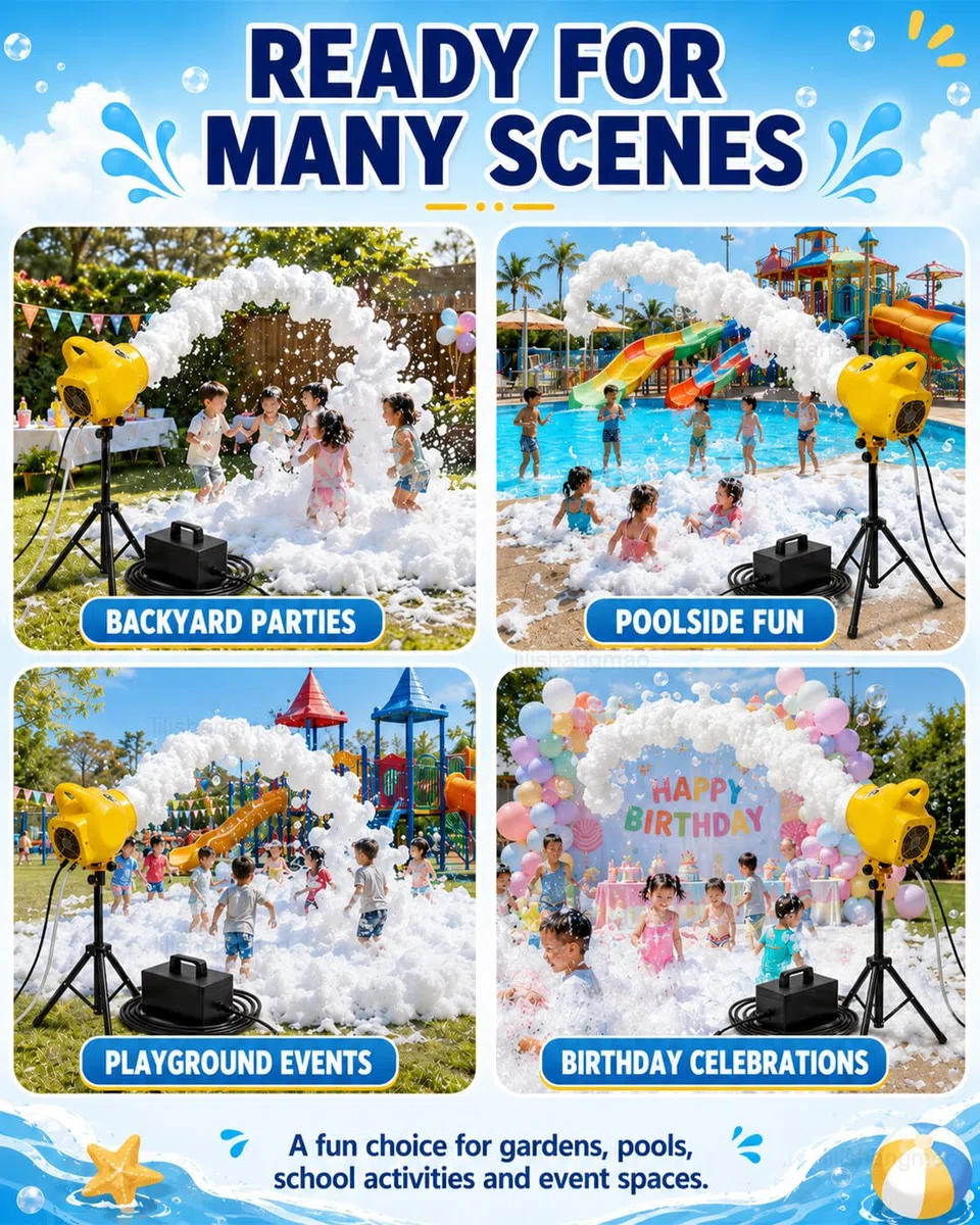 Party-Schaummaschine 150 W, Schaumgenerator Mit 3–5 M Reichweite, Stativ 100–130 cm, 1000-L/H-Wasserpumpe Und Steuerbox Für Camps, Pools, Geburtstage Und Karneval, Spaß Blue