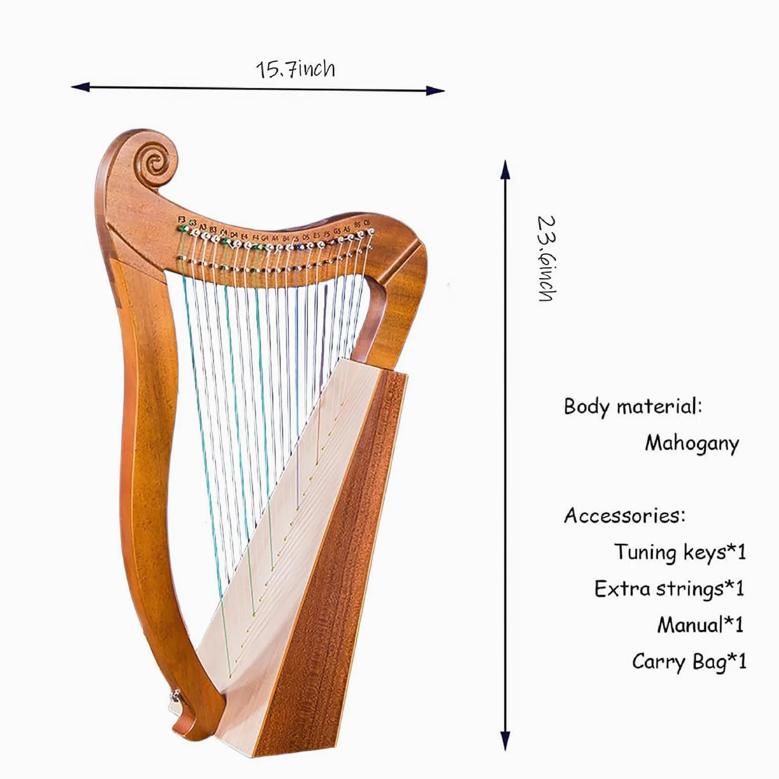 19-saitige Hebelharfe mit Mahagoni-Körper, Stimmschlüssel und Tasche für reichhaltige Resonanz, ideal für Anfänger und Profis