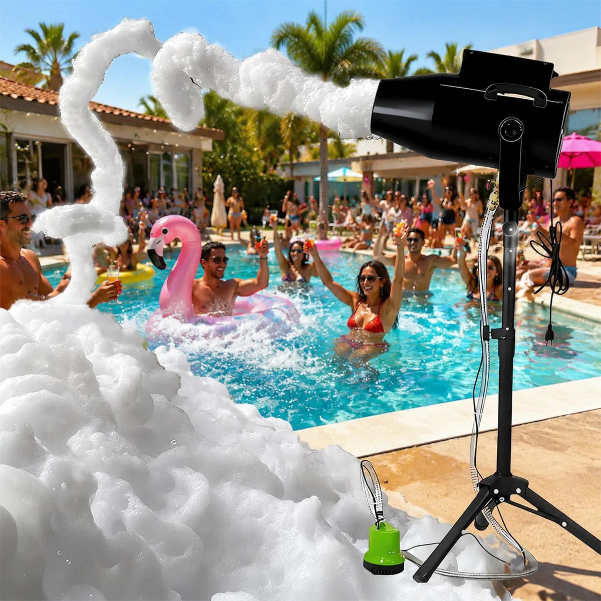 1000W Bühneneffekt Jet Schaummaschine mit Stativ & Tauchpumpe, Schneller Schaumausstoß in 20S, Bis 80m² Abdeckung, Schaumkanone für Sommer Poolspaß, Gartenparty & Club-Bühne